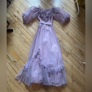 Vintage Lilac Tulle Ruffled Gown with Puff Sleeves